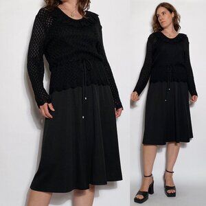 Vintage 1970s Black Knit Midi Dress with RUFFLED Crochet & Peplum -- Large